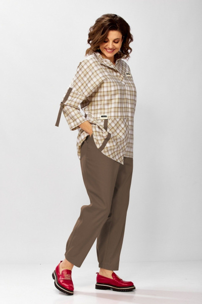 Брюки, рубашка Милора-стиль 1438 клетка/шоколад - фото 1
