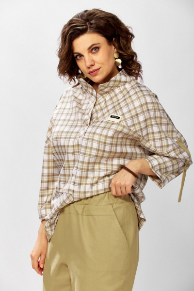 Брюки, рубашка Милора-стиль 1438 песочный/клетка - фото 3