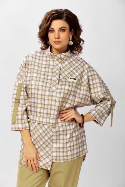 Брюки, рубашка Милора-стиль 1438 песочный/клетка - фото 2