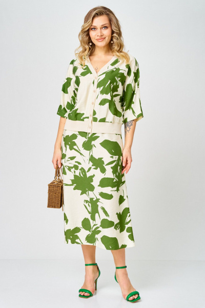 Блуза, юбка Твой имидж 2386 молочный_зеленый_принт - фото 1