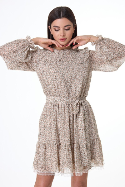 Платье свободное из шифона с увеличенным воротником Anelli 1027 бежевый - фото 3