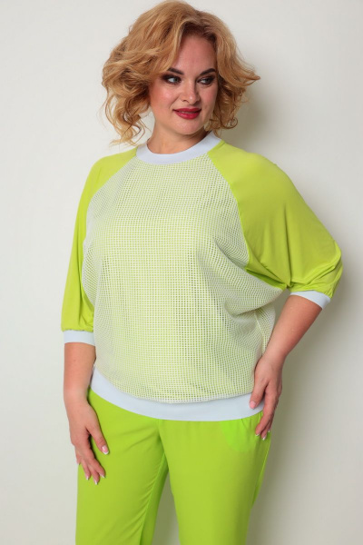 Джемпер свободный из трикотажа с сеткой и рукавом летучая мышь Michel chic 759 салатовый - фото 3