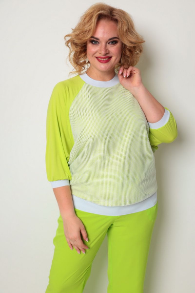 Джемпер свободный из трикотажа с сеткой и рукавом летучая мышь Michel chic 759 салатовый - фото 2