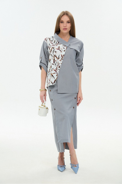 Жакет, юбка NikVa 975-3 серый_листья_мультиколор - фото 12