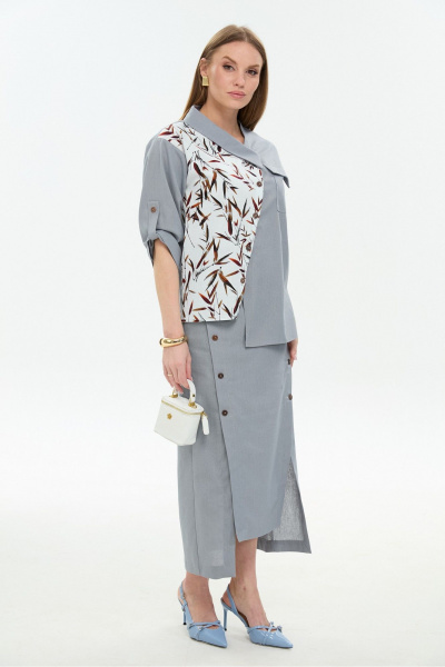 Жакет, юбка NikVa 975-3 серый_листья_мультиколор - фото 10
