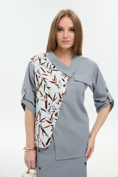 Жакет, юбка NikVa 975-3 серый_листья_мультиколор - фото 7