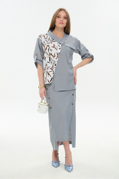 Жакет, юбка NikVa 975-3 серый_листья_мультиколор - фото 6