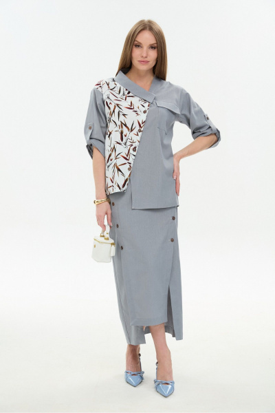 Жакет, юбка NikVa 975-3 серый_листья_мультиколор - фото 5