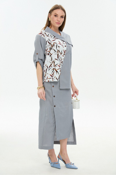 Жакет, юбка NikVa 975-3 серый_листья_мультиколор - фото 3