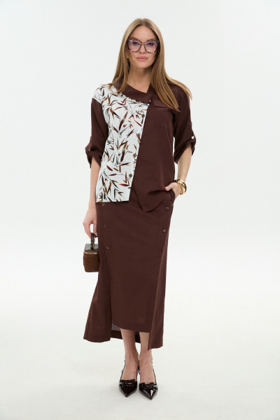 Жакет, юбка NikVa 975-4 шоколад_листья_мультиколор - фото 1
