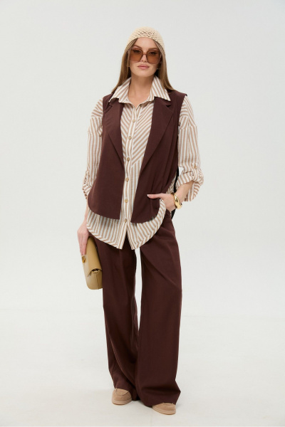 Брюки, жилет, рубашка NikVa 956-4 шоколад_песочные полосы - фото 1
