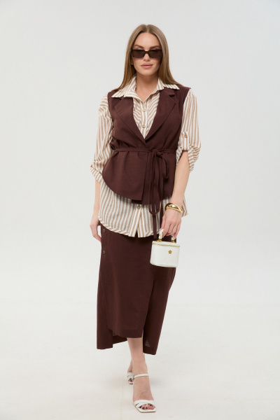 Жилет, рубашка, юбка NikVa 957-3 шоколад_песочные_полосы - фото 3