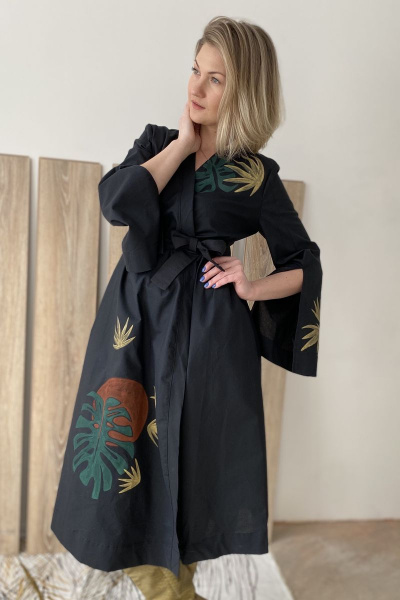 Платье кимоно миди из текстиля с ручной росписью Pavlova 109 монстера - фото 1