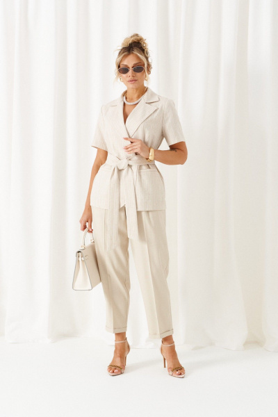 Брюки, жакет Beautiful&Free 6446 бежевый+полоска - фото 1