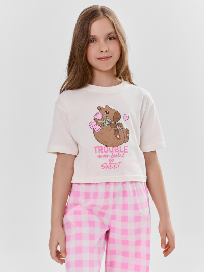 Брюки, футболка Mark Formelle 567749/25-39522ПП-14 св.молочный_розовая_клетка_3_сл_на_пол - фото 1