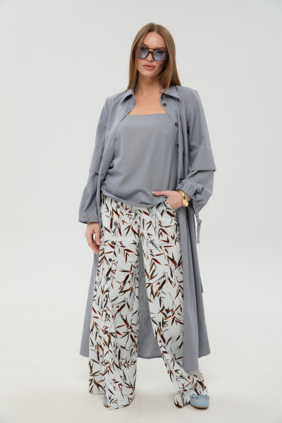 Брюки, кардиган, топ NikVa 976-15 серый_и_листья_мультиколор - фото 4