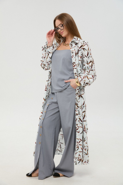 Брюки, кардиган, топ NikVa 976-17 серый_и_листья_мультиколор - фото 1