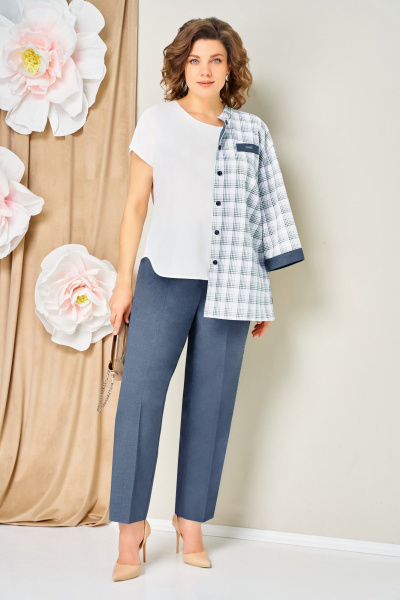 Блуза, брюки, жакет VOLNA 1465 голубой_джинс - фото 5