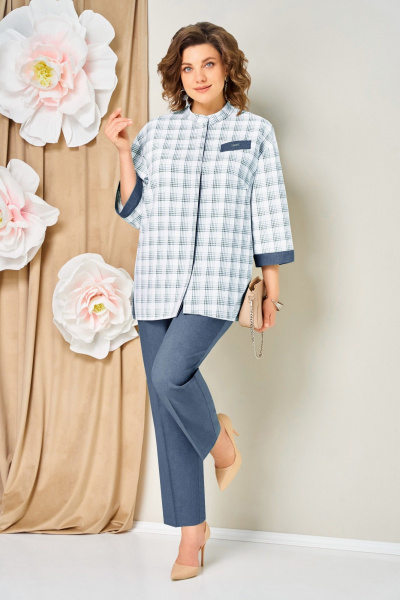 Блуза, брюки, жакет VOLNA 1465 голубой_джинс - фото 2