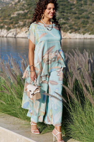 Блуза, брюки Vittoria Queen 29263 бирюзовый-мультиколор - фото 3