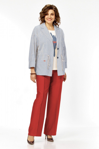 Брюки, жакет, майка Милора-стиль 1449 синяя_полоска+красный - фото 1