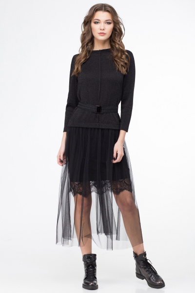 Демисезонное платье с двойной юбкой и кружевом Линия Л Б-1706 чёрный - фото 1