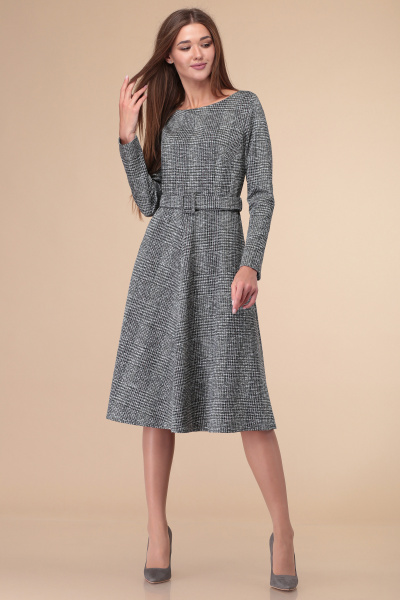 Приталенное платье из трикотажа с клеточным принтом и поясом Линия Л Б-1828 клетка - фото 1