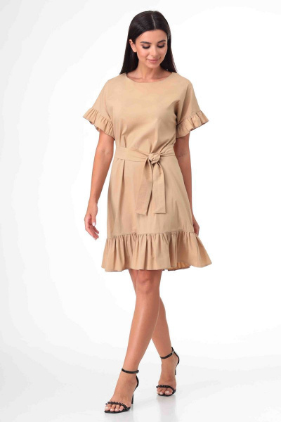 Платье из текстиля с воланами и поясом Talia fashion 359 беж - фото 1