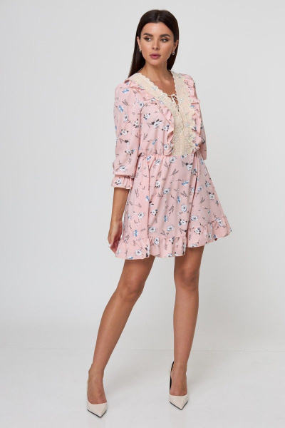 Платье стиль беби-долл с рюшей и кружевной отделкой Anelli 1023 пудра_цветы - фото 7