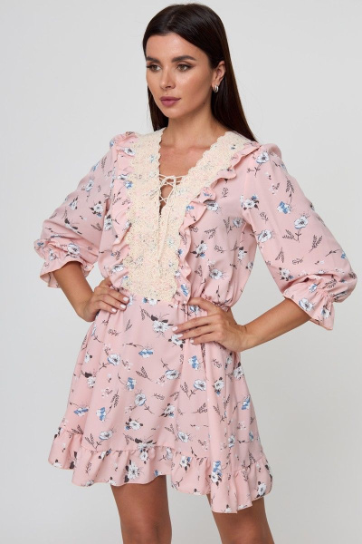 Платье стиль беби-долл с рюшей и кружевной отделкой Anelli 1023 пудра_цветы - фото 2