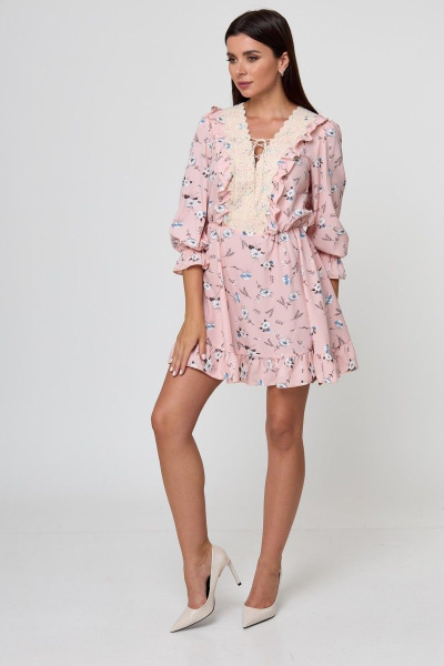 Платье стиль беби-долл с рюшей и кружевной отделкой Anelli 1023 пудра_цветы - фото 1