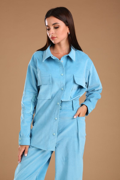 Брюки и рубашка из вельвета хлопка демисезонный костюм Viola Style 20567 голубой - фото 2