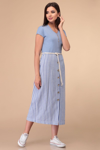 Платье миди с вырезом V из текстиля и трикотажа Линия Л Б-1813 голубой-полоска - фото 1