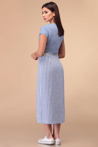 Платье миди с вырезом V из текстиля и трикотажа Линия Л Б-1813 голубой-полоска - фото 4