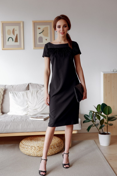 Платье приталенное с кокеткой в перья и коротким рукавом S. Veles 3-131 - фото 1