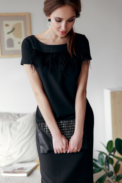 Платье приталенное с кокеткой в перья и коротким рукавом S. Veles 3-131 - фото 2