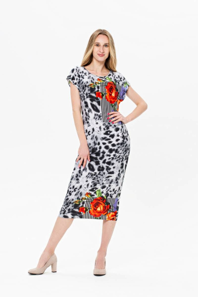 Платье из вискозы с оригинальным принтом и коротким рукавом BirizModa 21С0010 серый,оранжевый - фото 1