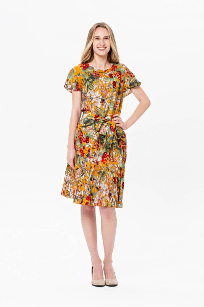 Платье летнее из вискозы с цветочным принтом и поясом BirizModa 21С0018 горчичный - фото 1