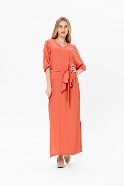 Платье свободного кроя с поясом и V-образным вырезом BirizModa 21С0020 розовый,коралловый - фото 1