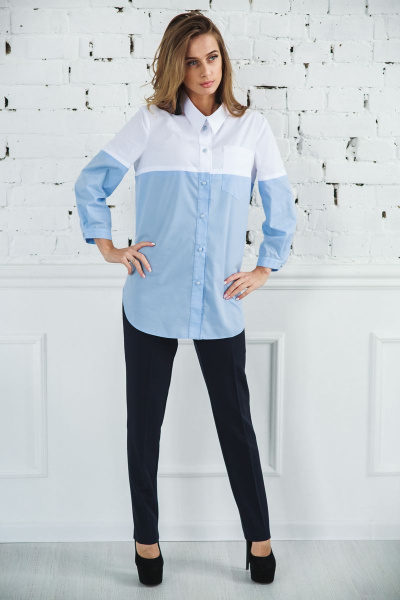 Блуза демисезонная хлопковая с карманом и разрезами Edibor 1086 голубой - фото 1