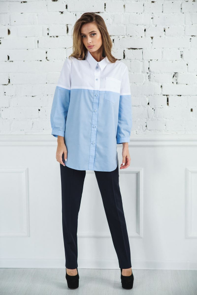 Блуза демисезонная хлопковая с карманом и разрезами Edibor 1086 голубой - фото 2