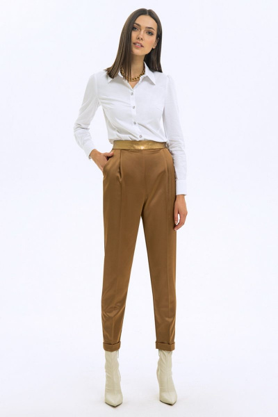 Брюки деловые из текстиля с поясом и классическим кроем LaVeLa L20072 золотой - фото 1