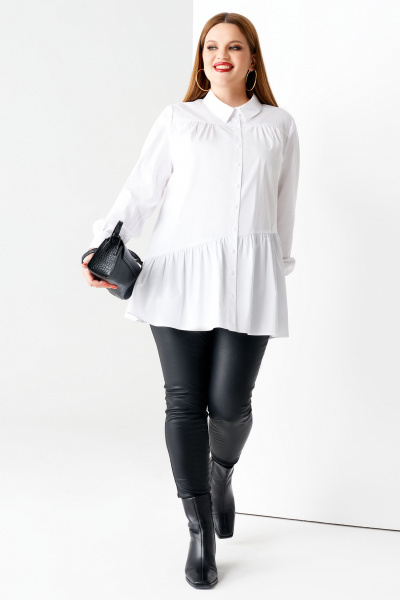 Длинная хлопковая блузка с сборками и рукавами на манжете Панда 61440z белый - фото 1