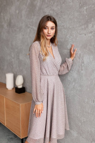 Платье KRASA - Danaida 247-21 шифон_беж_в_горох - фото 1