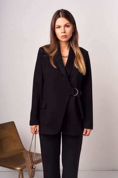 Деловой черный жакет с рельефами и поясом Mirolia 873 черный - фото 3