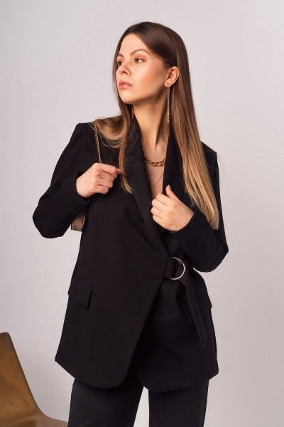 Деловой черный жакет с рельефами и поясом Mirolia 873 черный - фото 2