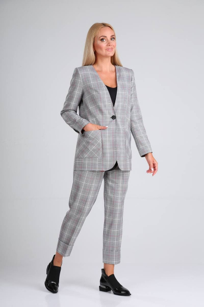 Брюки, жакет Vilena 726 серая_клетка+красная_полоска - фото 2