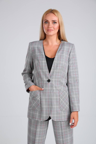 Брюки, жакет Vilena 726 серая_клетка+красная_полоска - фото 5
