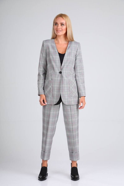 Брюки, жакет Vilena 726 серая_клетка+красная_полоска - фото 1