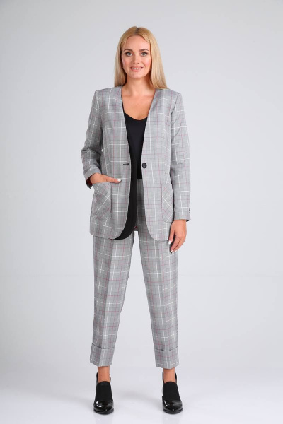 Брюки, жакет Vilena 726 серая_клетка+красная_полоска - фото 3